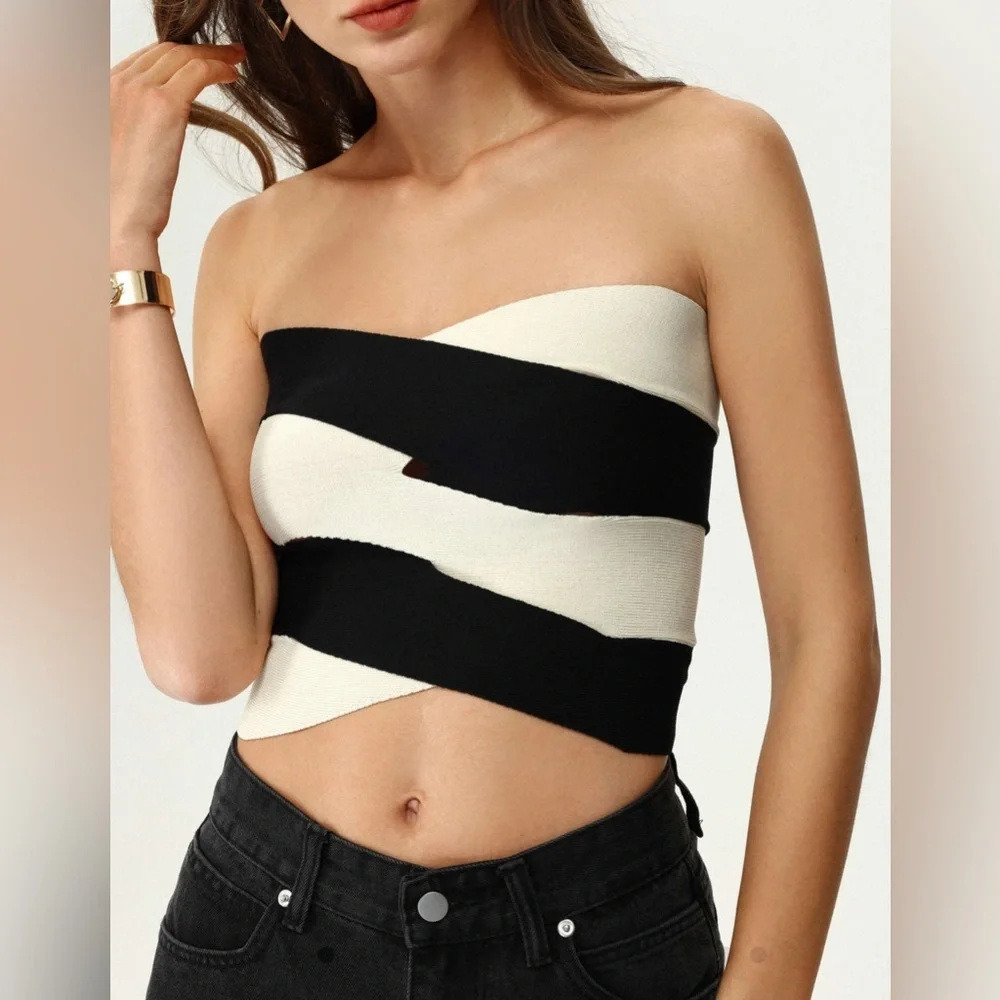 CIDER Bandeu Black and White Striped tube top Monochrome minimalist - Picture 2 of 12